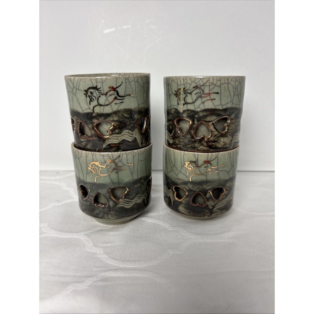 4 Lot Vintage Somayaki Soma Ware Double Wall Crackle Tea Cups Gold Horse Green